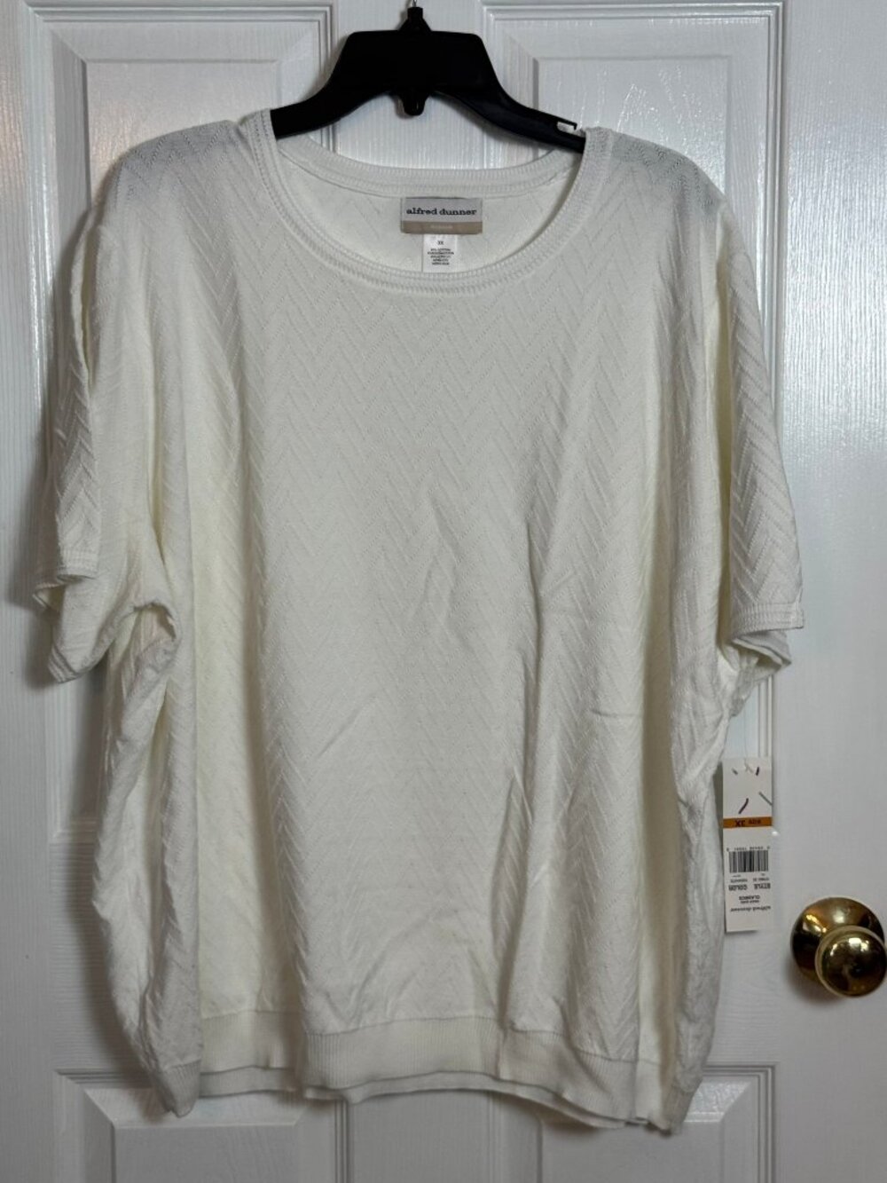 Alfred Dunner Women’s 3X Plus Cream Textured Chevron Knit Short Sleeve Top NWT
